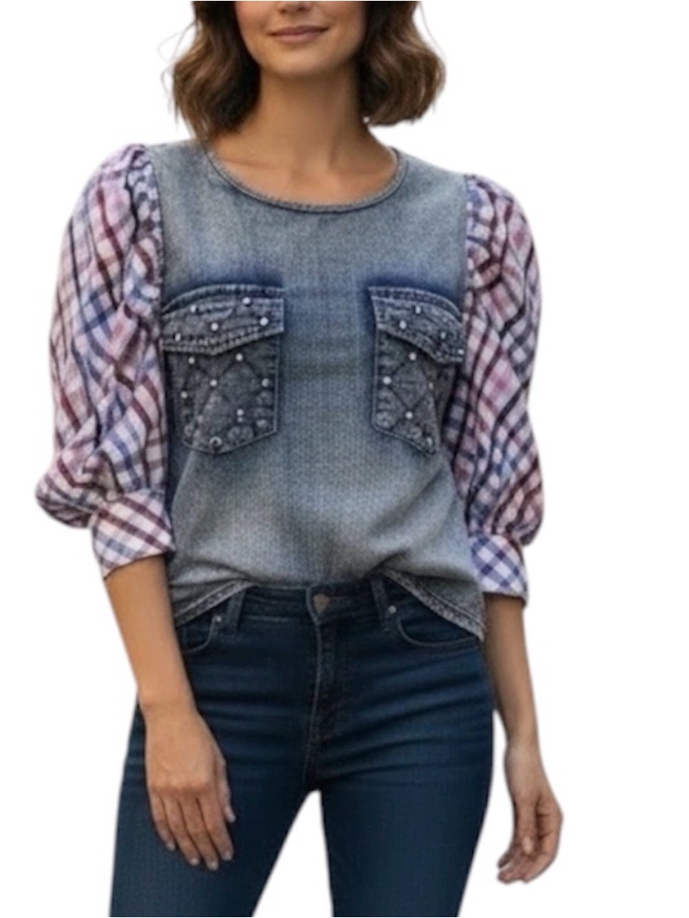 Women’s Denim-Look Top with Pink Plaid Puff Sleeves size S